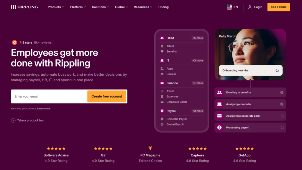 Rippling main page screenshot