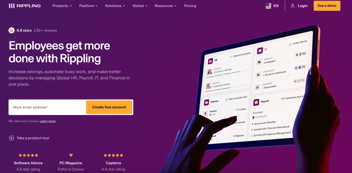 Rippling main page screenshot