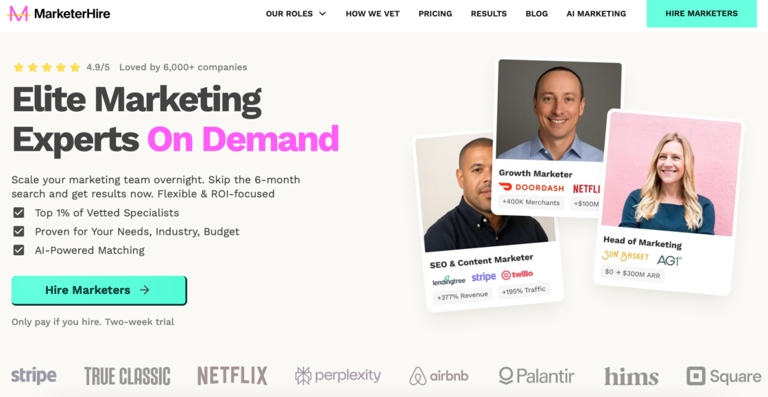 MarketerHire mainpage screenshot