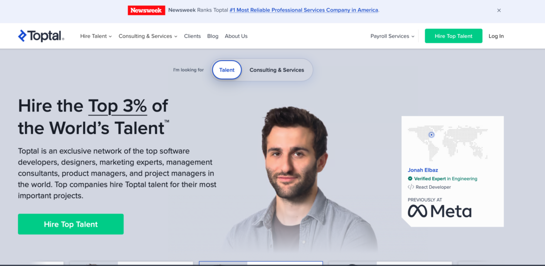 Toptal main page screenshot