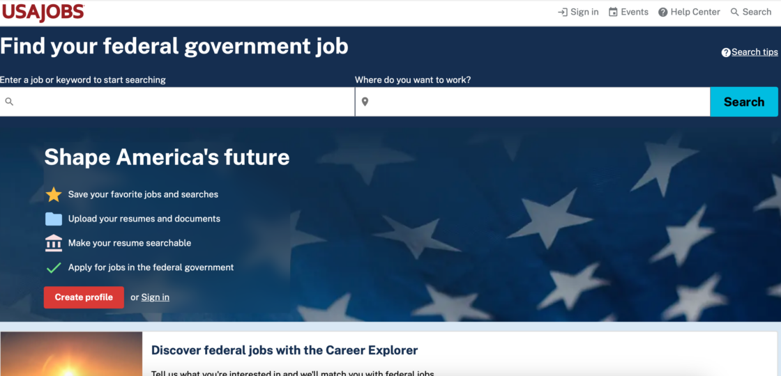 USA jobs gov main page screenshot