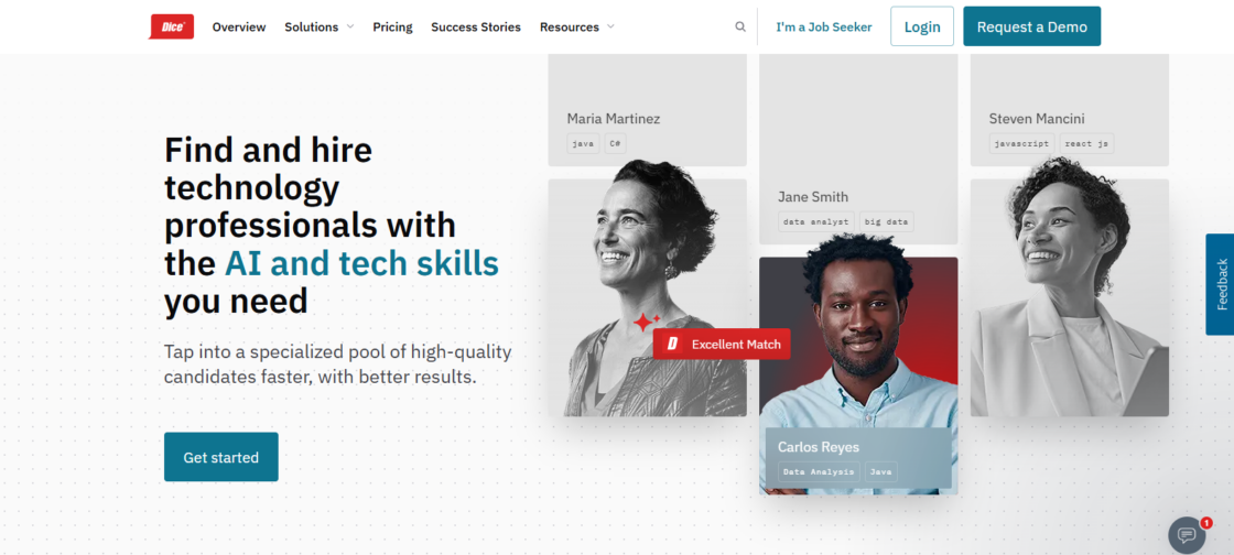 A screenshot of the Dice home page with a headline that says "Find and hire technology professionals with the AI and tech skills you need."