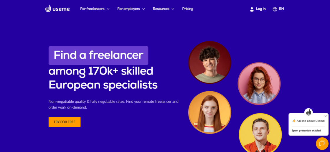 A screenshot of the Useme home page with a headline that says "Find a freelancer among 170k+ skilled European specialists."