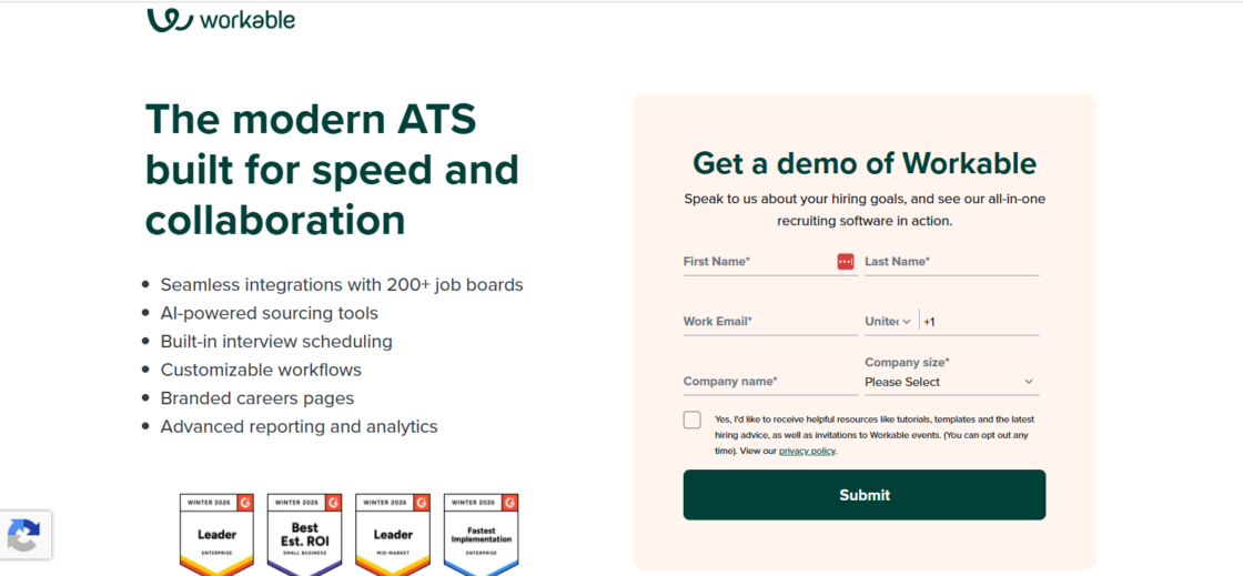 A screenshot of the Workable home page with a headline that says "The modern ATS built for speed and collaboration."