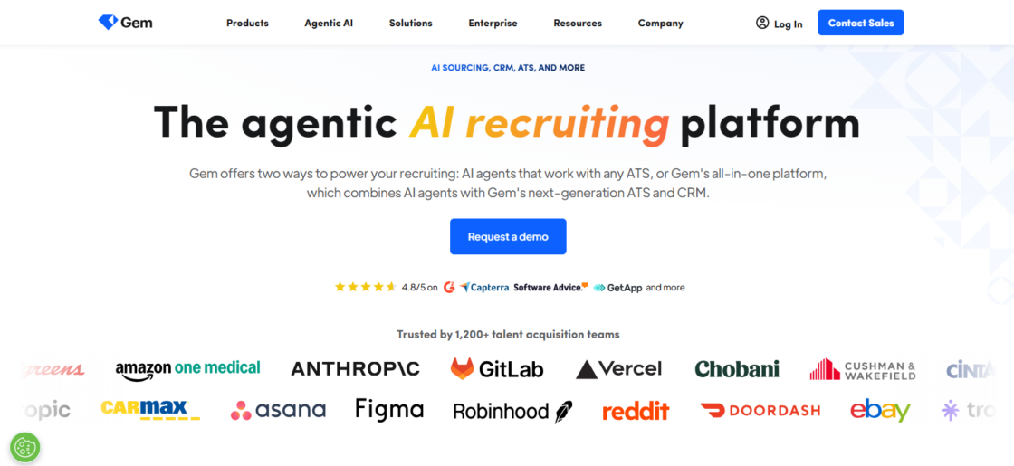 A screenshot of the Gem home page with a headline that says "The agentic AI recruiting platform."