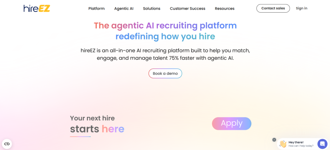 A screenshot of the HireEZ home page with a headline that says "The agentic AI recruiting platform redefining how you hire."