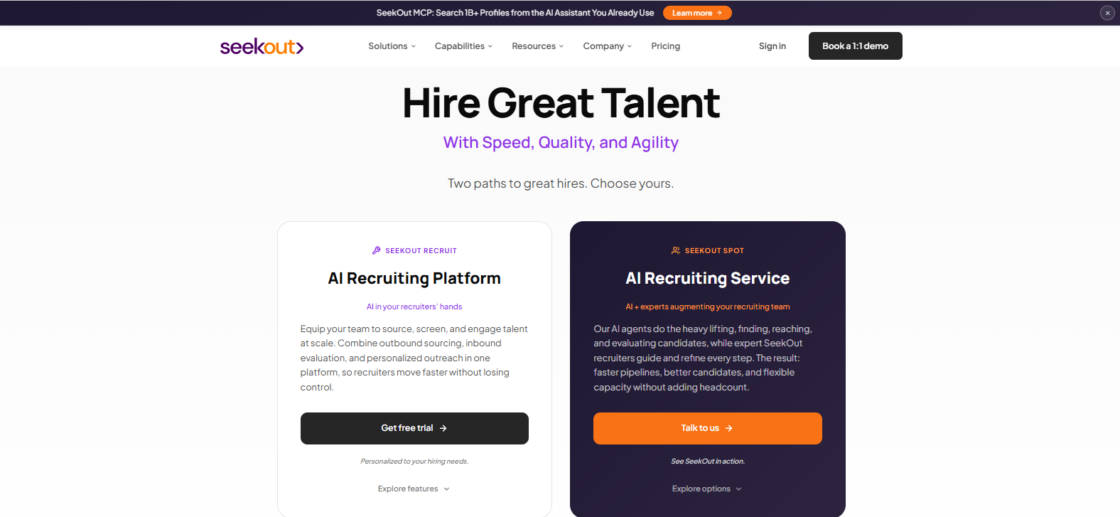 A screenshot of the SeekOut home page with a headline that says "Hire Great Talent. With Speed, Quality, and Agility"