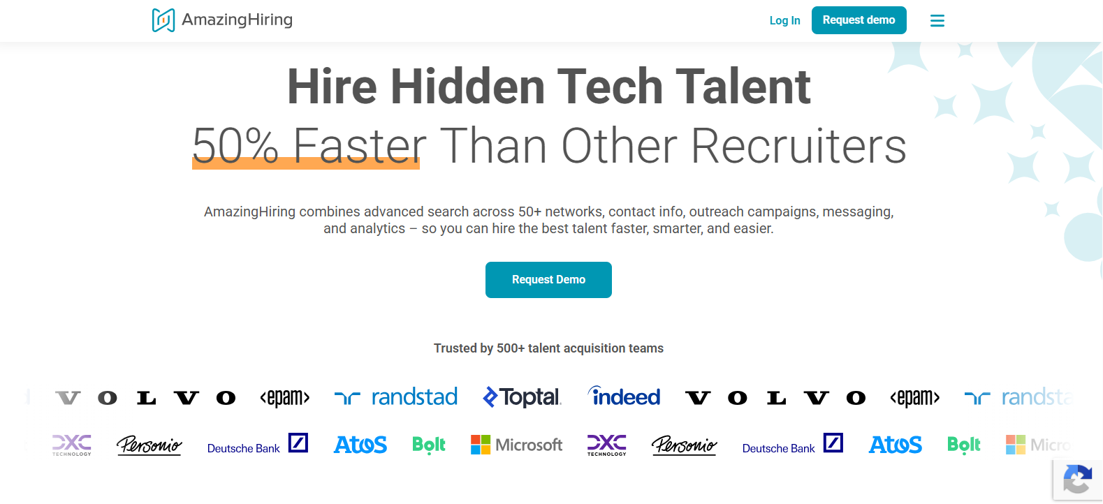 A screenshot of the AmazingHiring home page with a headline that says "Hire Hidden Tech Talent 50% Faster Than Other Recruiters."