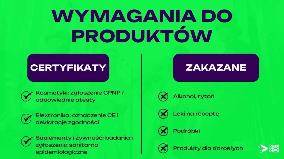 WYMAGANIA DO PRODUKTÓWCERTYFIKATY Kosmetyki: zgłoszenie CPNP / odpowiednie atesty Elektronika: oznaczenie CE i deklaracje zgodności Suplementy i żywność: badania i zgłoszenia sanitarno-epidemiologiczne ZAKAZANE Alkohol, tytoń Leki na receptę Podróbki Produkty dla dorosłych